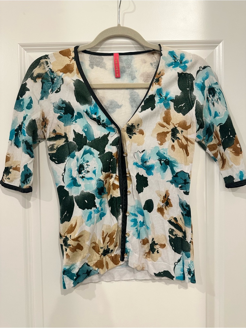 Charlotte Tarantola Floral V-Neck Button Cardigan in Teal, Brown & White